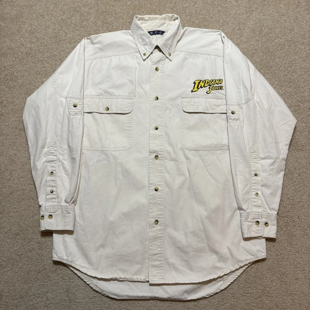 Vtg Indiana Jones Shirt Mens Medium White Button‎ Down LS Raiders Lost Ark 90s